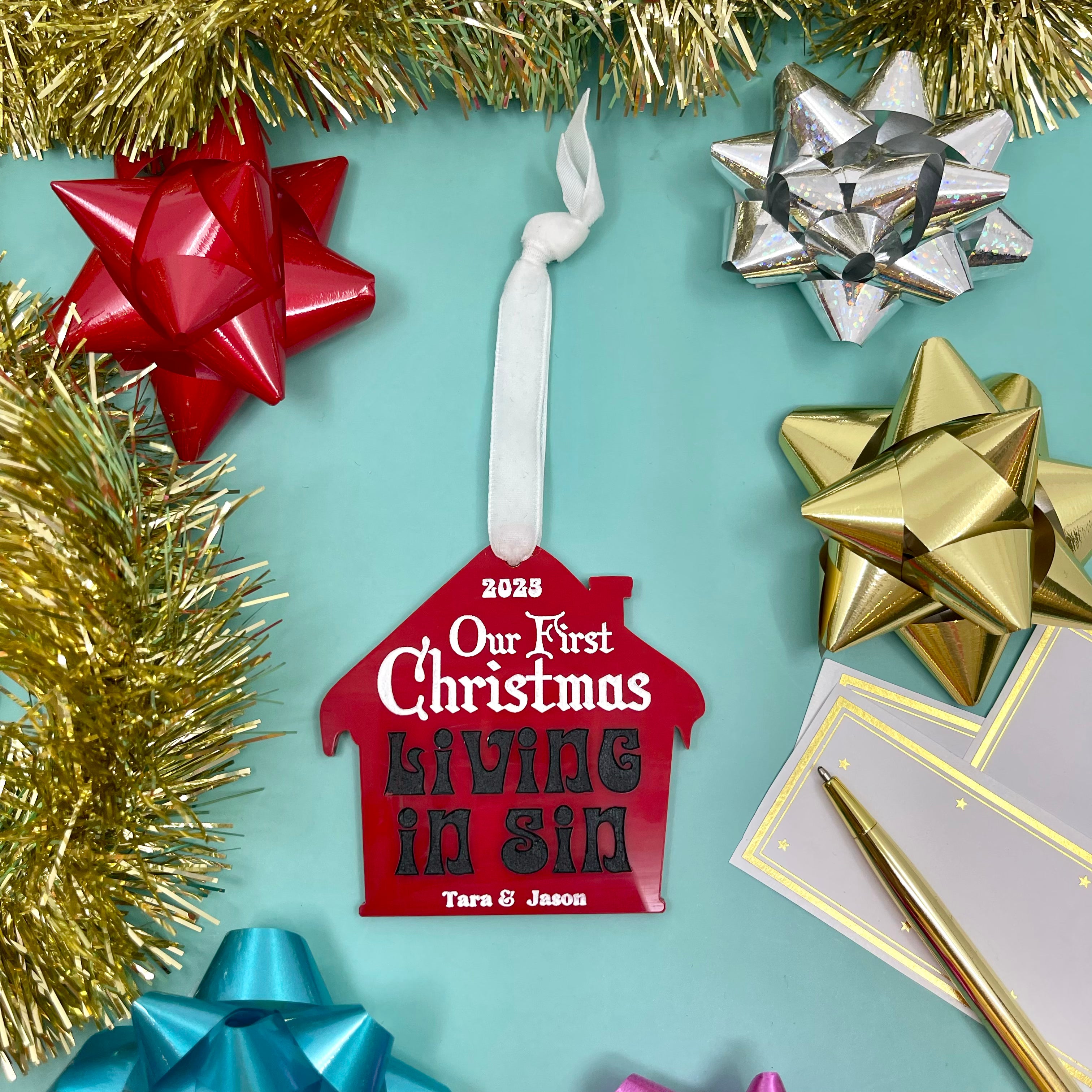 Our First Christmas Living in Sin - Personalized Retro Christmas Ornament