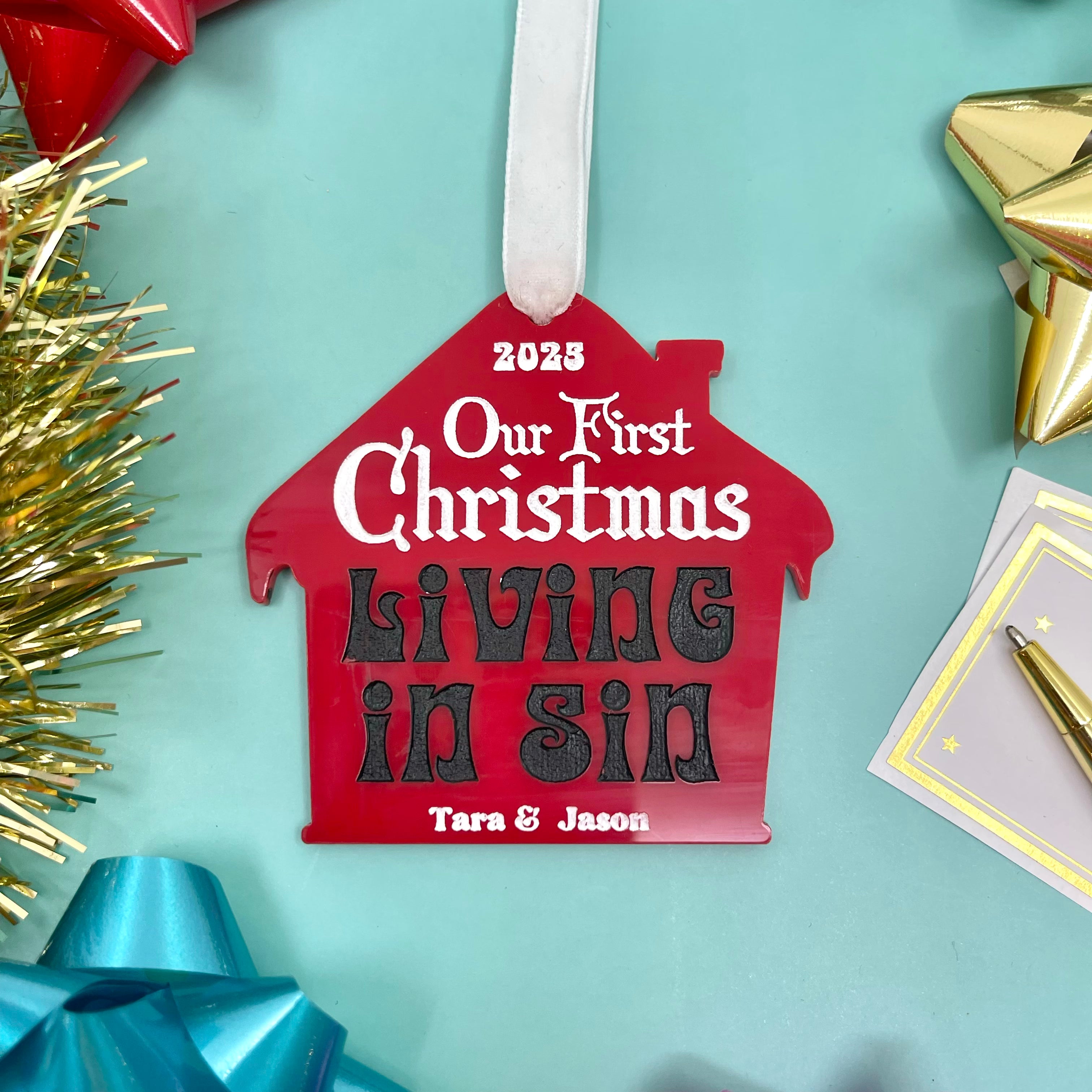 Our First Christmas Living in Sin - Personalized Retro Christmas Ornament