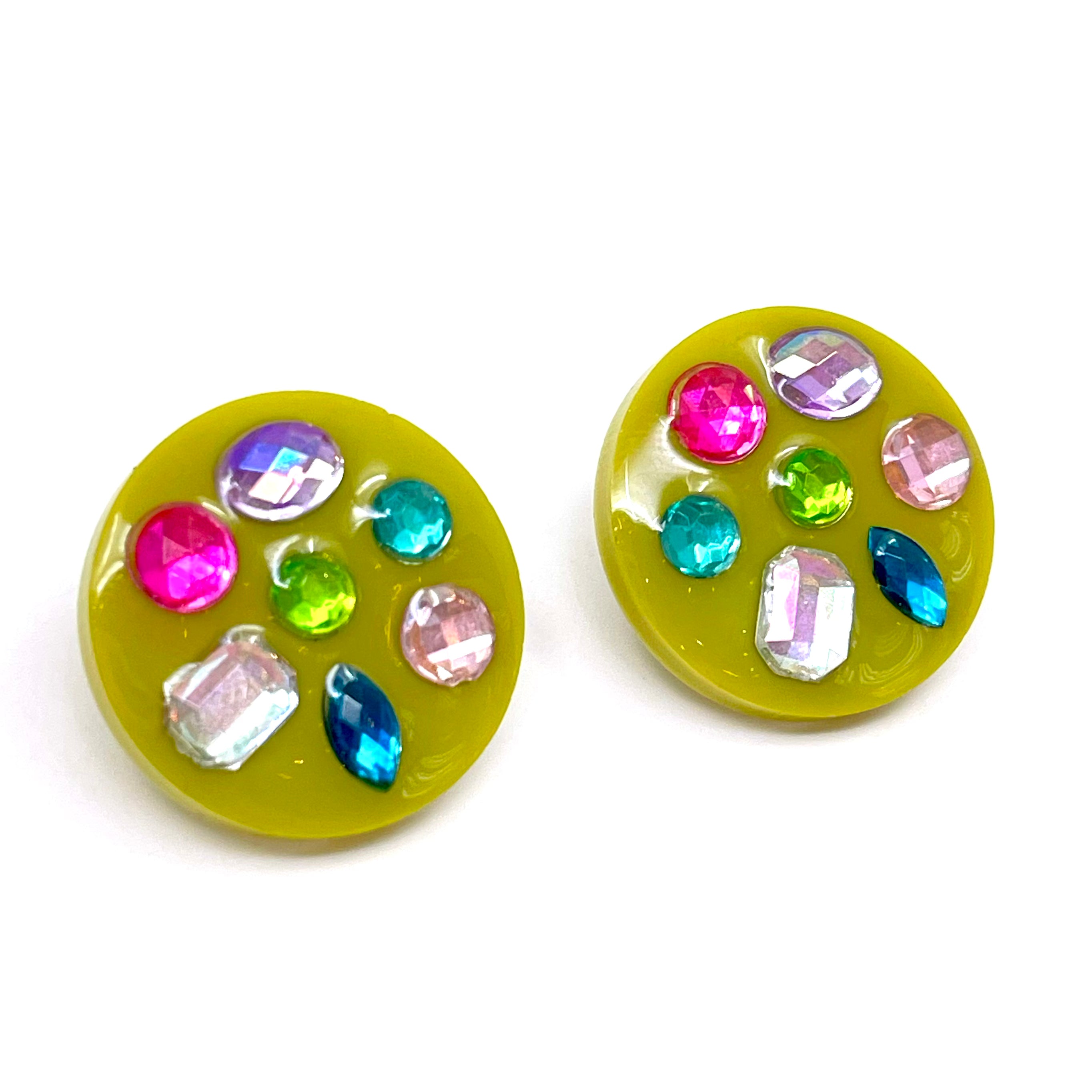 Rhinestone Studded Stud Earrings #2 - Chartreuse & Candy Colors