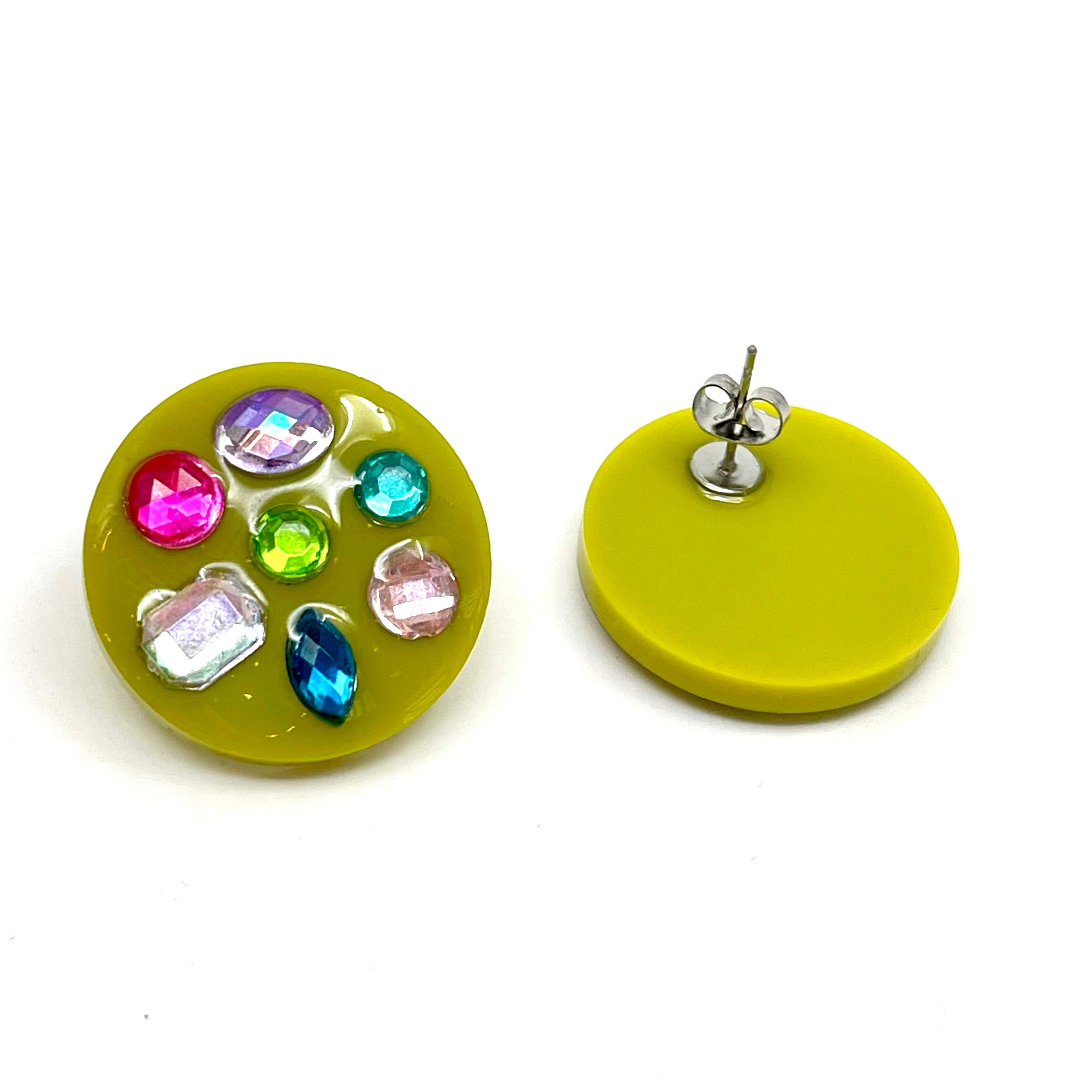 Rhinestone Studded Stud Earrings #2 - Chartreuse & Candy Colors