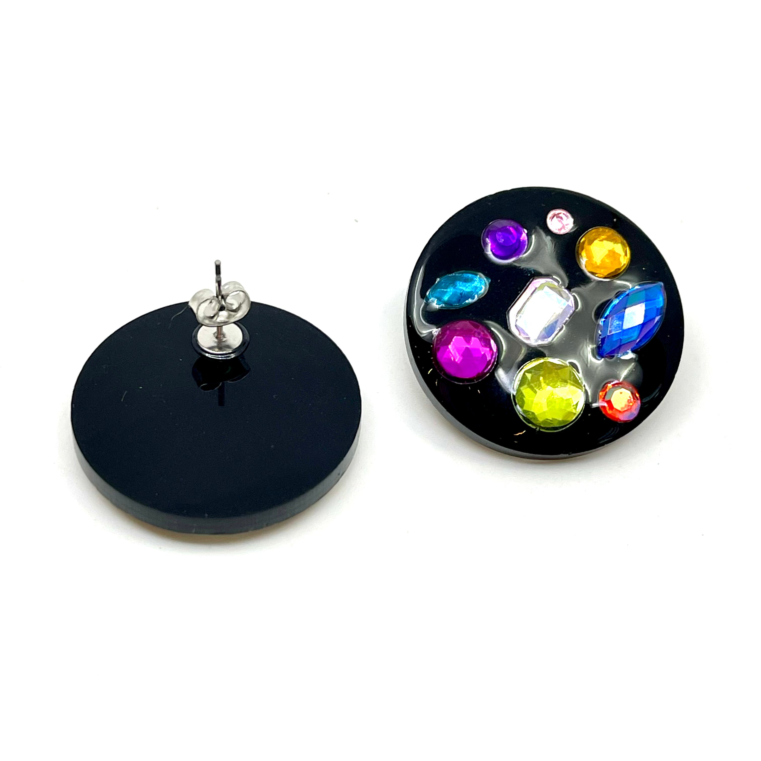 Rhinestone Studded Stud Earrings #1 - Black & Jewel Tones
