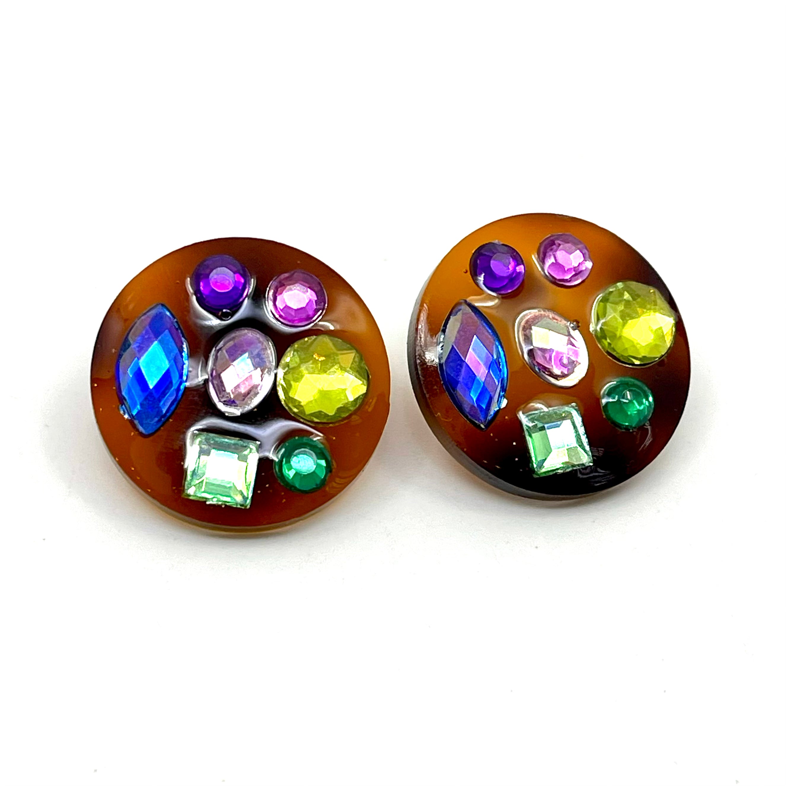Rhinestone Studded Stud Earrings #3 - Tortoise Shell & Jewel Tones