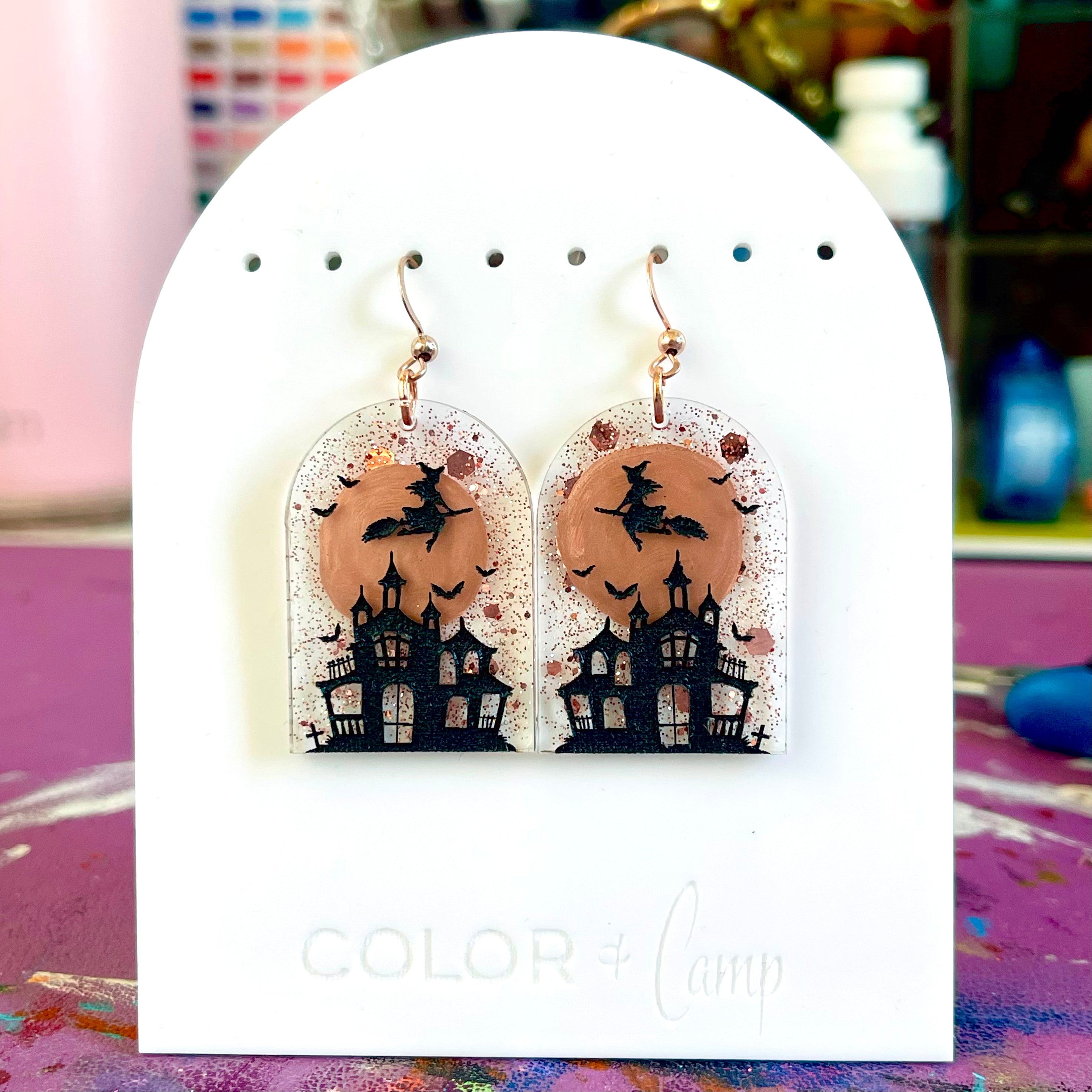Haunted House - Rose Gold Glam Halloween Earrings