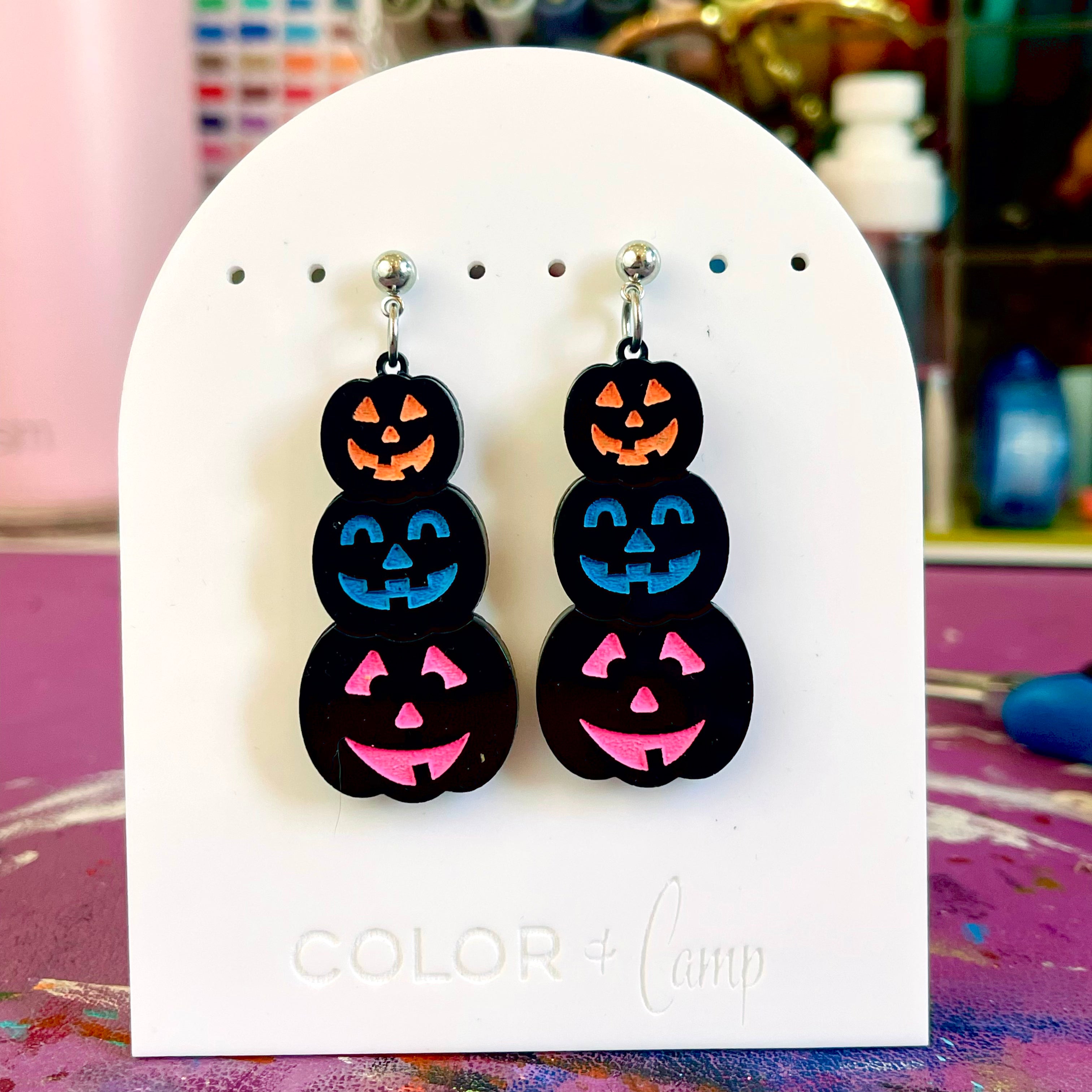 Neon Jack o' Lantern Stack - Retro Halloween Earrings