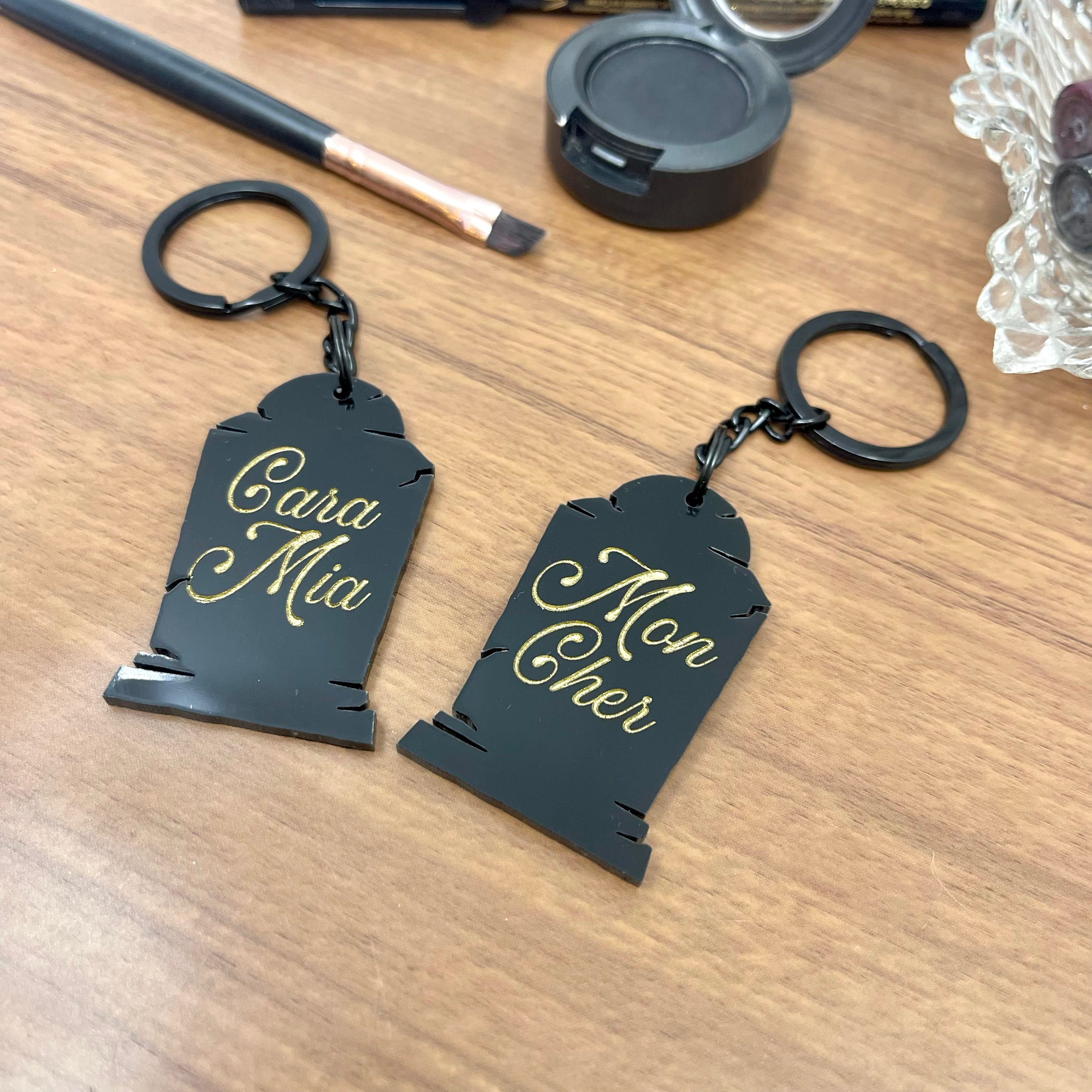 Cara Mia/Mon Cher Tombstone Keychain Set